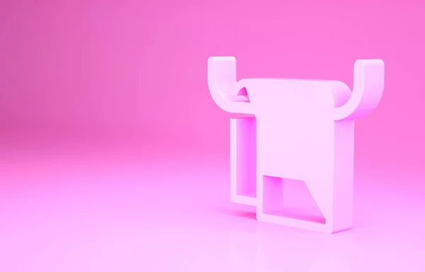 Toalla rosa en un icono de la percha aislado sobre fondo rosa. Icono de toalla de baño. Concepto minimalista. 3D ilustración 3D render — Foto de Stock