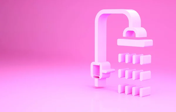Rosa Dusch huvud med vattendroppar flödande ikon isolerad på rosa bakgrund. Minimalistiskt koncept. 3D-återgivning för 3D — Stockfoto