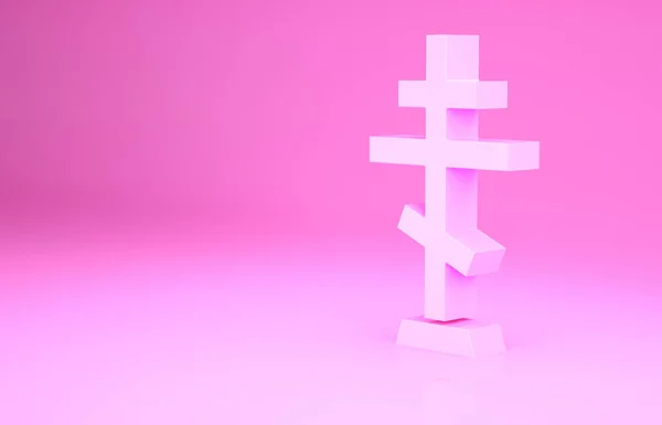 Icono de cruz cristiana rosa aislado sobre fondo rosa. Cruz de iglesia. Concepto minimalista. 3D ilustración 3D render — Foto de Stock