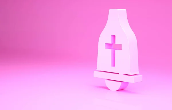 Rózsaszín templom harang ikon elszigetelt rózsaszín háttérrel. Riasztó szimbólum, szolgálati csengő, csengő jel, értesítő szimbólum. Minimalizmus koncepció. 3d illusztráció 3D render — Stock Fotó