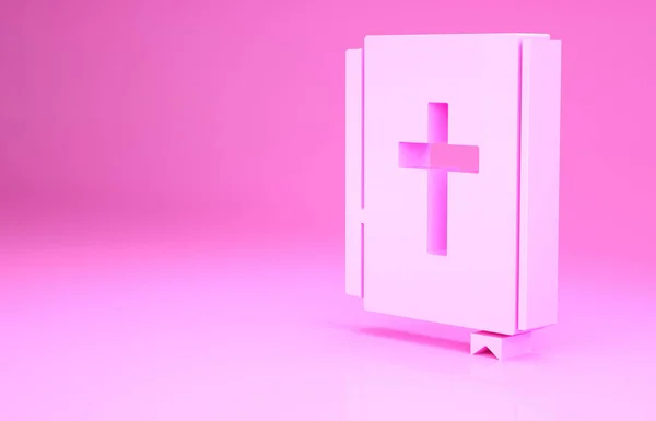 핑크 거룩 한 성경 책 아이콘 핑크 배경에 분리. 미니멀리즘의 개념입니다. 3d 삽화 3D 렌더링 — 스톡 사진