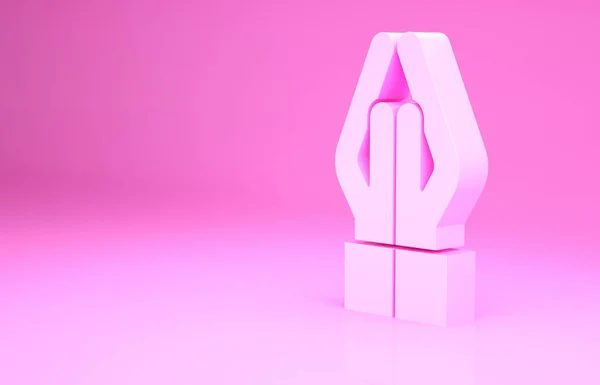 Mani rosa in posizione di preghiera icona isolata su sfondo rosa. Preghiera a Dio con fede e speranza. Concetto minimalista. Illustrazione 3d rendering 3D — Foto Stock