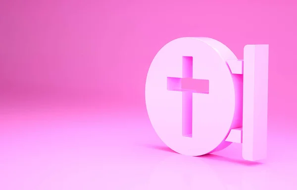 Rózsaszín keresztény kereszt ikon elszigetelt rózsaszín háttér. Templomi kereszt. Minimalizmus koncepció. 3d illusztráció 3D render — Stock Fotó