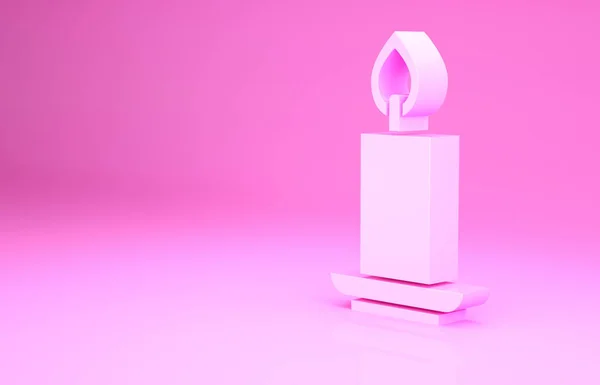 Rózsaszín égő gyertya ikon elszigetelt rózsaszín háttérrel. Hengeres gyertya ragasztó égő lángokkal. Minimalizmus koncepció. 3d illusztráció 3D render — Stock Fotó
