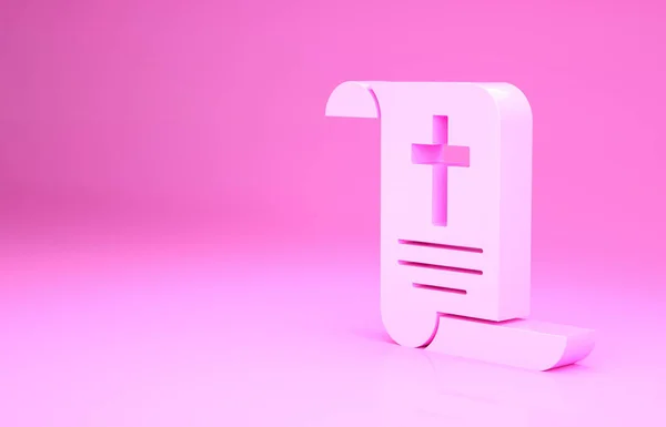 Decreto rosa, papel, pergamino, icono de desplazamiento aislado sobre fondo rosa. Pergamino chino. Concepto minimalista. 3D ilustración 3D render — Foto de Stock