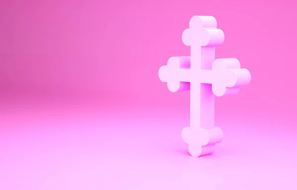 Roze christelijke kruis pictogram geïsoleerd op roze achtergrond. Kerkkruis. Minimalisme concept. 3d illustratie 3D renderen — Stockfoto