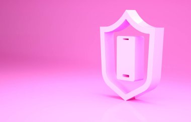 Pembe akıllı telefon, pembe arka planda güvenlik kalkanı simgesi olan cep telefonu. Güvenlik, güvenlik, koruma kavramı. Minimalizm kavramı. 3d illüstrasyon 3B canlandırma