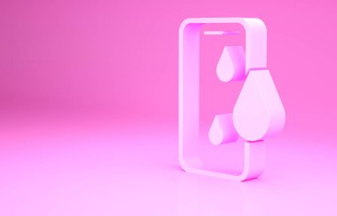 Pembe Su geçirmez cep telefonu simgesi pembe arka planda izole edilmiş. Bir damla suyla akıllı telefon. Minimalizm kavramı. 3d illüstrasyon 3B canlandırma