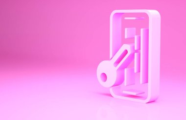 Pembe arka planda izole edilmiş akıllı telefon simgesi için pembe cam ekran koruyucusu. Cam için koruyucu film. Cep telefonu için şeffaf yumuşak cam. Minimalizm kavramı. 3d illüstrasyon 3B canlandırma
