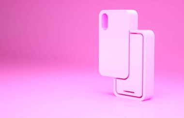 Pembe akıllı telefon, pembe arka planda izole edilmiş cep telefonu simgesi. Minimalizm kavramı. 3d illüstrasyon 3B canlandırma