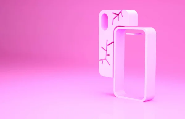 Pink Smartphone with broken screen icon isolated on pink background. Shattered phone screen icon. Minimalism concept. 3d illustration 3D render