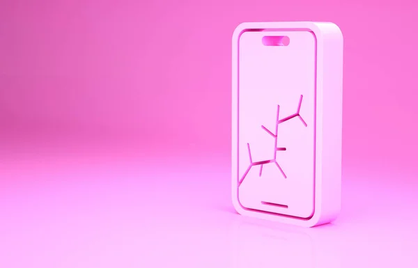Różowy smartfon z zepsutą ikoną ekranu odizolowany na różowym tle. Zniszczona ikona ekranu telefonu. Koncepcja minimalizmu. Ilustracja 3D 3D renderowania — Zdjęcie stockowe