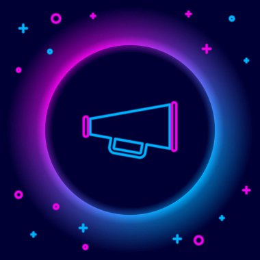 Parlayan neon hattı Megafon simgesi siyah arkaplanda izole edildi. Renkli taslak konsepti. Vektör