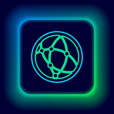 Parlayan neon hattı Global teknoloji veya sosyal ağ simgesi siyah arkaplanda izole edildi. Renkli taslak konsepti. Vektör