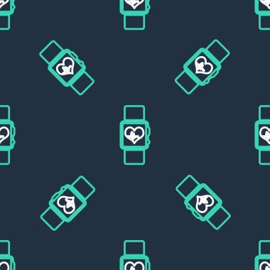 Çizgi Akıllı saati kalp atış hızı simgesini gösteriyor. Siyah arkaplanda izole edilmiş pürüzsüz desen. Fitness uygulaması konsepti. Vektör