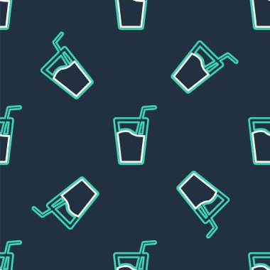 İçme ikonu için su ve tüp içeren çizgi camları siyah arka planda izole edilmiş. Soda bardağı. Vektör