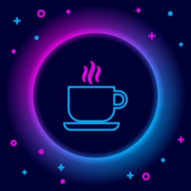 Parlayan neon hattı kahve fincanı simgesi siyah arka planda izole edilmiş. Çay fincanı. Sıcak içecek kahvesi. Renkli taslak konsepti. Vektör