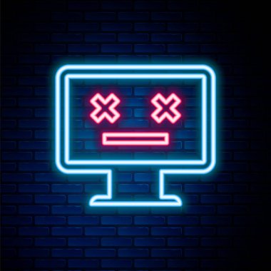 Parlayan neon hattı. Duvardaki ölü monitör simgesi izole edildi. Ölü emojili bilgisayar gibi 404 hata. Bilgisayar sisteminde ölümcül hata. Renkli taslak konsepti. Vektör