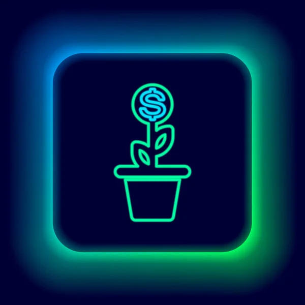Glödande Neon Line Dollar Växt Potten Ikonen Isolerad Svart Bakgrund — Stock vektor