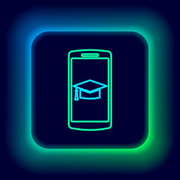 Brillante Línea Neón Tapa Graduación Pantalla Icono Del Teléfono Inteligente — Vector de stock