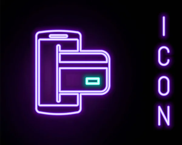 Glödande Neon Line Nfc Betalning Ikon Isolerad Svart Bakgrund Mobilbetalning — Stock vektor