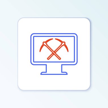 Beyaz arka planda izole edilmiş, izleyici ve kazma simgesine sahip çizgi madenciliği kavramı. Engelleme teknolojisi, kripto para birimi madenciliği, dijital para piyasası. Renkli taslak konsepti. Vektör