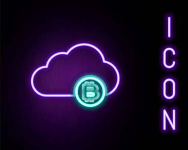 Parlayan neon hattı Kripto para birimi bulut madenciliği ikonu siyah arka planda izole edildi. Engelleme teknolojisi, bitcoin, dijital para piyasası, kripto para cüzdanı. Renkli taslak konsepti. Vektör
