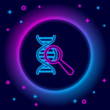 Parlayan neon hattı DNA araştırması, arama simgesi siyah arkaplanda izole edildi. Büyüteç ve DNA zinciri. Genetik mühendisliği, klonlama, babalık testi. Renkli taslak konsepti. Vektör