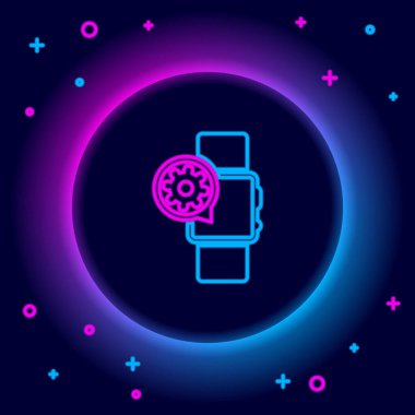 Parlayan neon hattı Smartwatch ve dişli simgesi siyah arkaplanda izole edildi. Uygulama, servis konsepti, ayar seçenekleri, bakım, onarım, onarım. Renkli taslak konsepti. Vektör