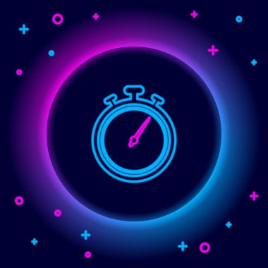 Parlayan neon hattı Stopwatch simgesi siyah arkaplanda izole edildi. Zaman göstergesi. Kronometre işareti. Renkli taslak konsepti. Vektör