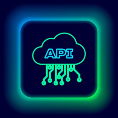 Parlayan neon hattı Cloud api arayüz simgesi siyah arkaplanda izole edildi. Uygulama programlama arayüzü API teknolojisi. Yazılım entegrasyonu Renkli taslak konsepti. Vektör