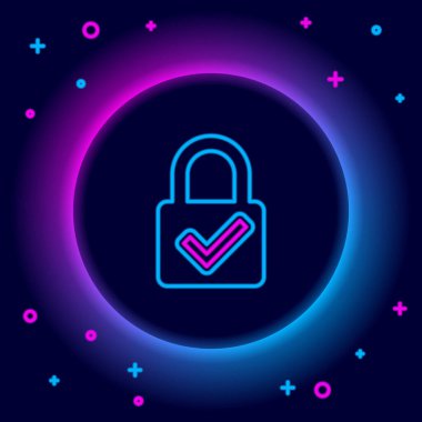 Parlak neon hattı Açık asma kilit ve siyah arkaplanda izole edilmiş işaret simgesini işaretle. Siber güvenlik kavramı. Dijital veri koruması. Güvenlik kilidi. Renkli taslak konsepti. Vektör