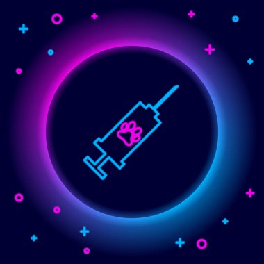 Siyah arka planda izole edilmiş evcil hayvan aşısı ikonu ile parlayan neon hattı şırıngası. Köpek ya da kedi pençesi izi. Renkli taslak konsepti. Vektör