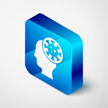 Isometric İnsan ve Virüs ikonu gri arka planda izole edildi. Corona virüsü 2019-nCoV. Bakteri ve mikroplar, hücre kanseri, mikrop, mantar. Mavi kare düğme. Vektör..