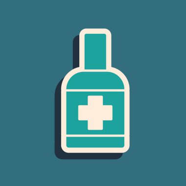 Yeşil arka planda izole edilmiş sıvı antibakteriyel sabun. Antiseptik. Dezenfeksiyon, hijyen, cilt bakımı. Uzun gölge tarzı. Vektör..