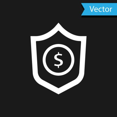 Siyah arkaplanda dolar sembolü olan Beyaz Kalkan. Güvenlik kalkanı koruması. Para güvenliği konsepti. Vektör..