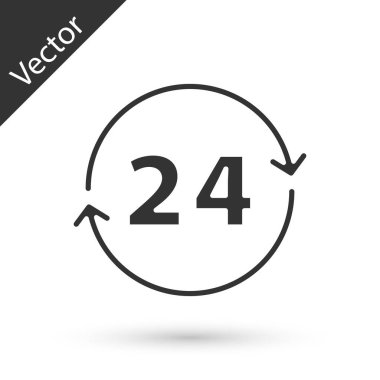 Gri Saat 24 saat simgesi beyaz arkaplanda izole edildi. Tüm gün döngü simgesi. 24 saat hizmet sembolü. Vektör.