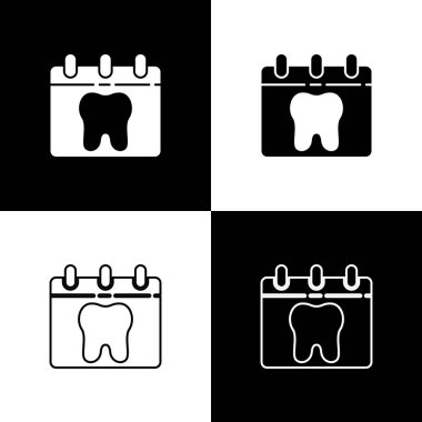 Takvimi siyah ve beyaz arkaplanda izole edilmiş diş simgesiyle ayarla. Uluslararası Diş Hekimleri Günü, 6 Mart. Mart tatili takvimi. Vektör.