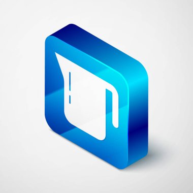 Gri arkaplanda izole edilmiş Isometric Kahve demliği ikonu. Mavi kare düğme. Vektör.