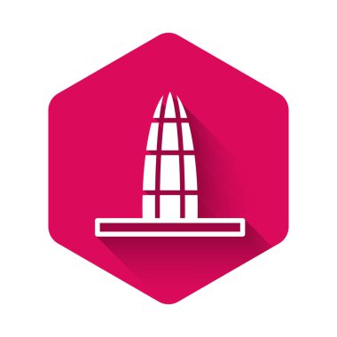 Beyaz Agbar kule simgesi uzun gölgeli izole edildi. Barselona, İspanya. Pembe altıgen düğmesi. Vektör.