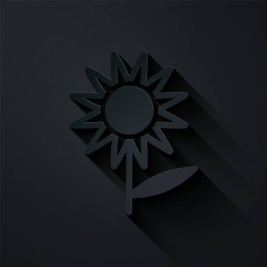 Kağıt kesiği Ayçiçeği simgesi siyah arkaplanda izole edilmiş. Kağıt sanatı tarzı. Vektör.