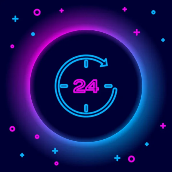 ネオンラインの時計を光る黒の背景に隔離された24時間のアイコン 丸一日アイコン 24時間サービスシンボル カラフルなアウトラインコンセプト ベクトル — ストックベクタ