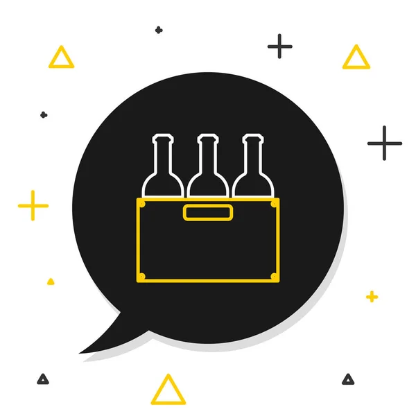 线条酒瓶在一个木制盒子图标孤立在白色背景 装在木箱图标里的酒瓶 五彩缤纷的概念 — 图库矢量图片