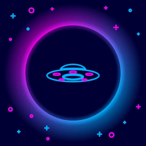 Glowing Neon Line Ufo Flying Spaceship Icon Isolated Black Background — Stock Vector