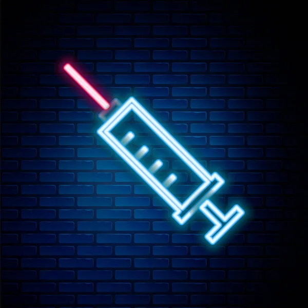 发光的霓虹灯线注射器图标隔离在砖墙背景 疫苗注射器 注射器 流感疫苗 医疗设备 五彩缤纷的概念 — 图库矢量图片
