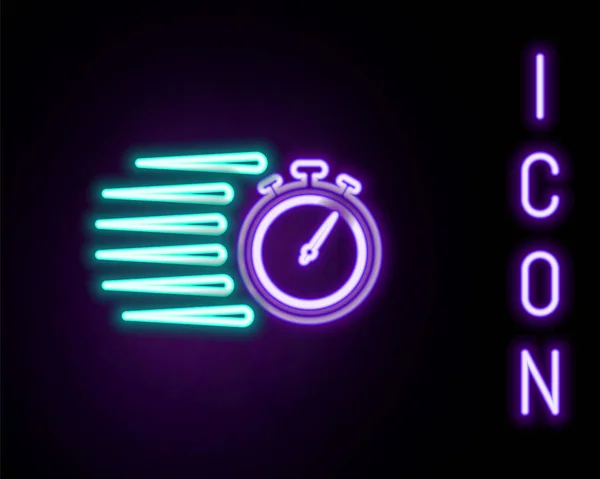 Glödande Neon Linje Stoppur Ikon Isolerad Svart Bakgrund Tidtagarskylt Kronometertecken — Stock vektor