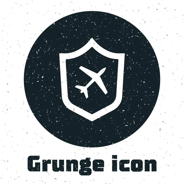 Grunge Plane Con Icono Escudo Aislado Sobre Fondo Blanco Avión — Vector de stock