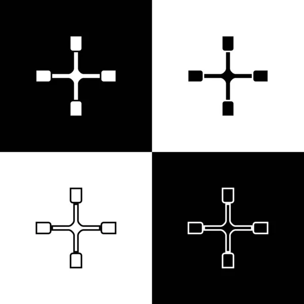 Set Wielsleutel Pictogram Geïsoleerd Zwart Wit Achtergrond Wielbeugel Vector — Stockvector