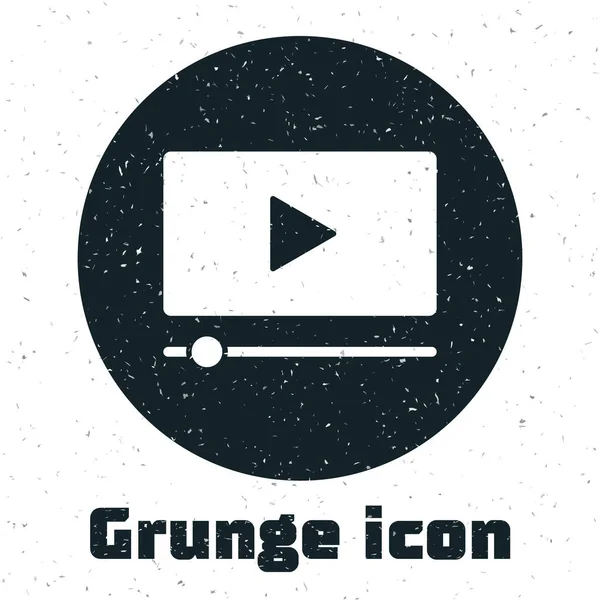 Grunge Onlineは 白い背景に隔離されたビデオアイコンを再生します プレイサイン付きのフィルムストリップ モノクローム ヴィンテージ ドローイング ベクトル — ストックベクタ