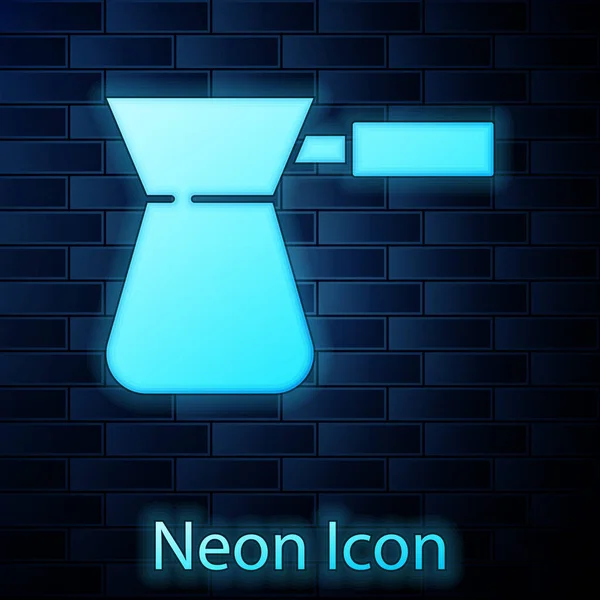 Leuchtende Neon Coffee Turk Ikone Isoliert Auf Backsteinwand Hintergrund Vektor — Stockvektor